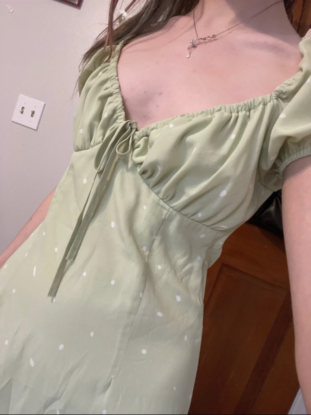 Reverse Light Green Polka Dot Puff-Sleeve Midi Dress